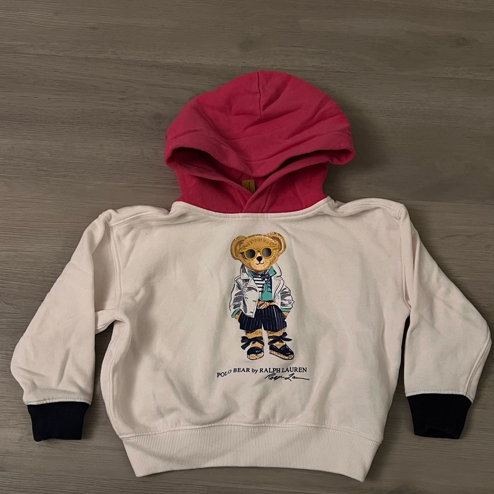 Polo by Ralph Lauren White Sweatshirt with Pink Hood & Bear Graphic